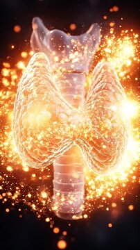 Thyroid hormone imbalance endocrine gland anatomy medical health physiology 3d render concept, neck inflammation with glowing particles, endocrine system background and inflamed thyroid gland medical