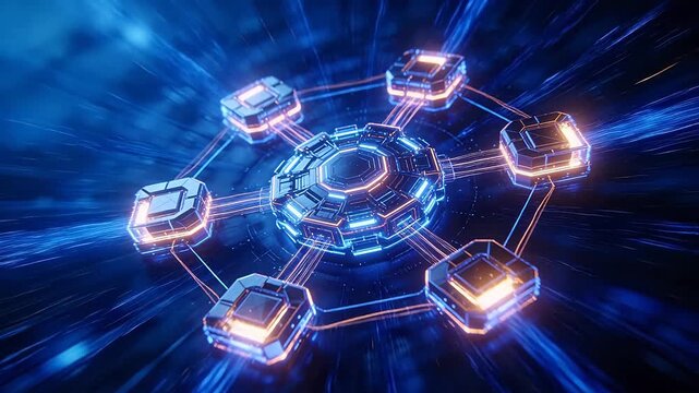 Futuristic hexagonal network hub connecting devices with glowing lines