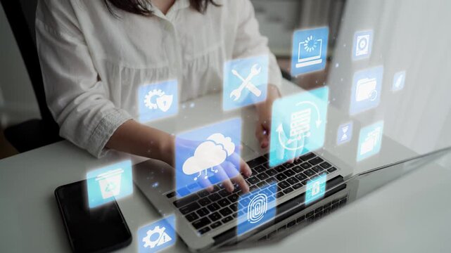 Data recovery icons show backup, data recovery process, and secure restoration. Data recovery ensures system reliability, data recovery protection, and information access. Funnel