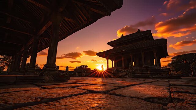Ancient Asian temple courtyard at golden hour sunset with sunburst behind traditional pavilion architecture in a serene landscape