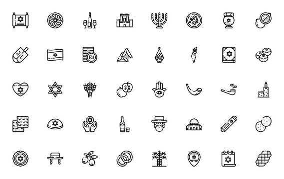 Jewish culture icon set. Israel vector symbols pack. Includes Torah, menorah, Star of David, shofar, hamsa, wine, challah, dreidel and more. Minimalist editable stroke.