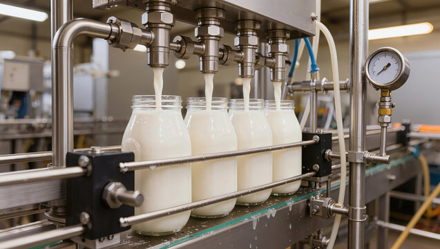 Automated industrial machinery filling glass bottles with fresh white milk on a conveyor belt in a dairy factory. Concept of milk production, food quality control, and dairy processing