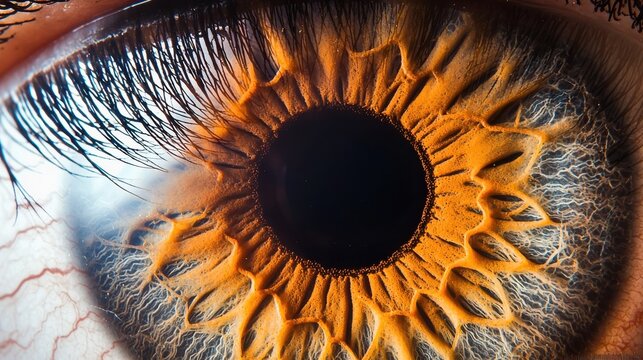 Iris furrows macro ultra-detailed shot displaying natural eye anatomy with radial formations and amber color variations