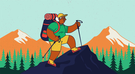 Elderly woman with hikes with a backpack and poles, set against a backdrop of snow capped mountains and pine trees. Hiker stands triumphantly on a mountain peak. Senior vacation concept. © AnnaPa