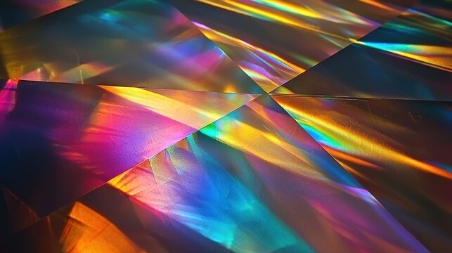 Holographic wave fronts laser interference patterns vibrant prismatic light refraction through overlapping transparent geometric surfaces creating rainbow spectrum effects