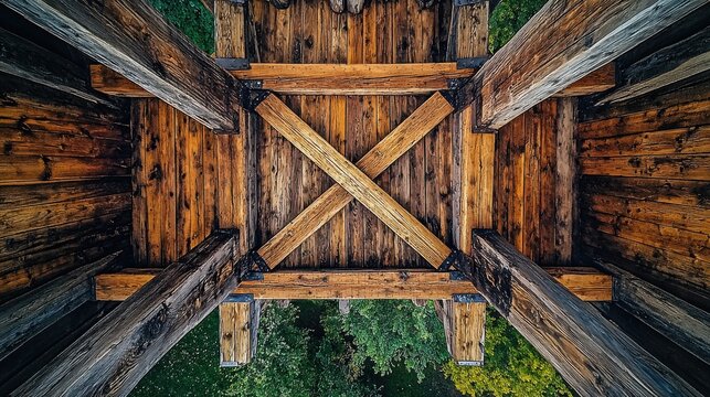 Historic American covered bridge buttress supports aerial view showing weathered timber construction and traditional joinery craftsmanship from underneath