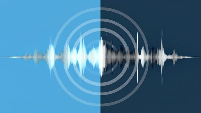 Abstract Digital Sound Wave Animation on Split Blue Background.