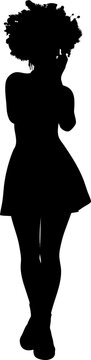 Bold black silhouette of a woman with decoration on hair, wearing a flared dress and posing. Ideal for empowerment, fashion, or elegant design projects.