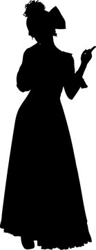 Black silhouette shows a woman in a long, flowing gown in vintage style, tall hair wig with big bow, captured against isolated background. Ideal for theatrical, elegant, or dramatic design projects.