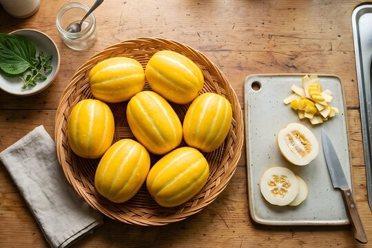 Fresh Korean Melons (Chamoe) in a Wicker Basket and Sliced on a Cutting Board in a Rustic Kitchen Setting