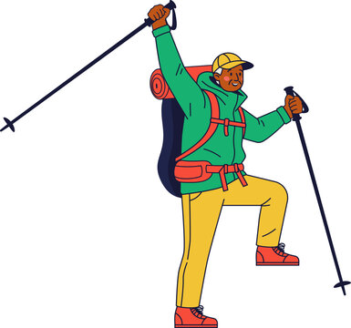 Illustration of a hiker in jacket and pants with huge backpack, celebrating success with raised arms and trekking poles. Ideal for achievement, adventure, or motivational themes and senior vacation.