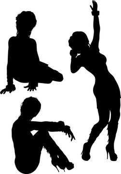 Black silhouette shows a woman with fluffy cuffs at the wrists and high heeled boots. Ideal for fashion, pose, or elegant design projects.
