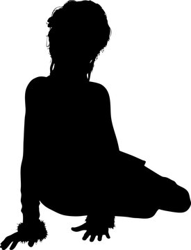 Black silhouette shows a woman with fluffy cuffs at the wrists and high heeled boots. Ideal for fashion, pose, or elegant design projects.