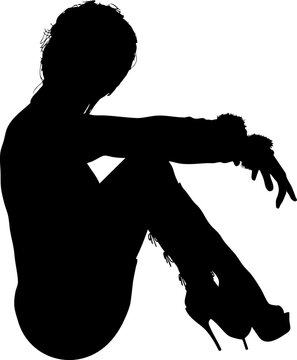 Black silhouette shows a woman with fluffy cuffs at the wrists and high heeled boots. Ideal for fashion, pose, or elegant design projects.