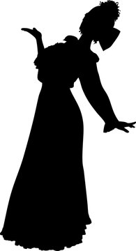 Black silhouette shows a woman in a long, flowing gown in vintage style, tall hair wig with big bow, captured against isolated background. Ideal for theatrical, elegant, or dramatic design projects.
