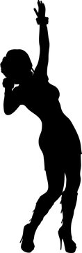 Black silhouette shows a woman with fluffy cuffs at the wrists and high heeled boots. Ideal for fashion, pose, or elegant design projects.