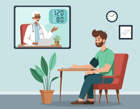 Illustration of a young man at home measuring blood pressure during an online telemedicine consultation. A senior doctor appears on the screen, providing remote health monitoring and advice.
