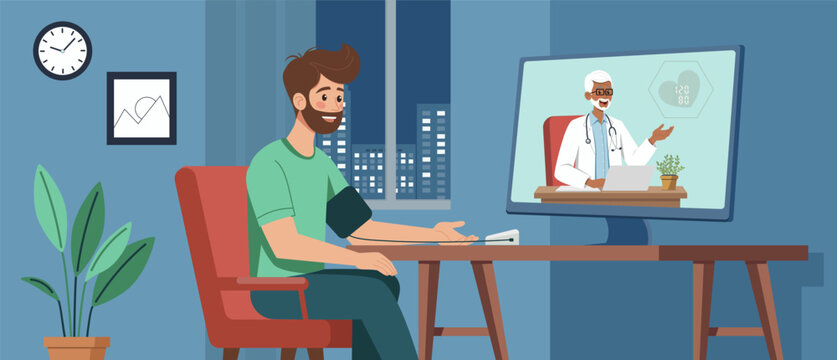 Illustration of a young man at home measuring blood pressure during an online telemedicine consultation. A senior doctor appears on the screen, providing remote health monitoring and advice.
