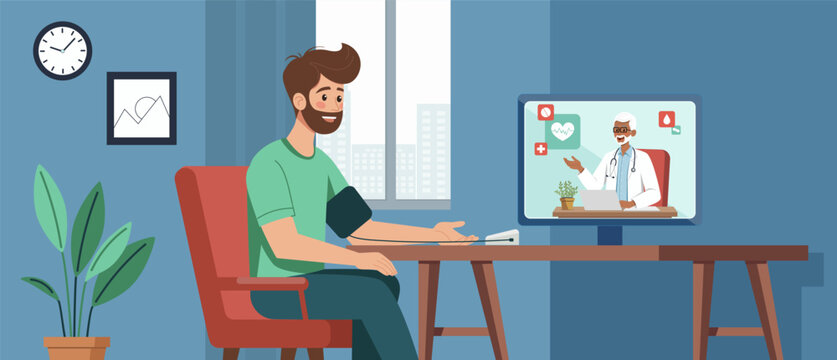 Illustration of a young man at home measuring blood pressure during an online telemedicine consultation. A senior doctor appears on the screen, providing remote health monitoring and advice.