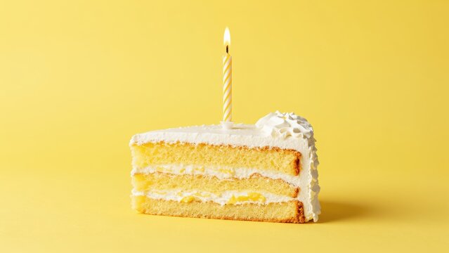 Birthday Cake Slice with Single Lit Candle on Yellow Background