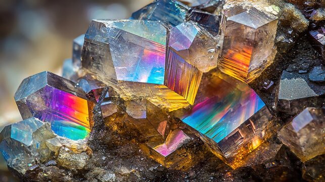 Wavelength splitting effects through bismuth crystal formations displaying vibrant iridescent interference patterns with rainbow spectral dispersion