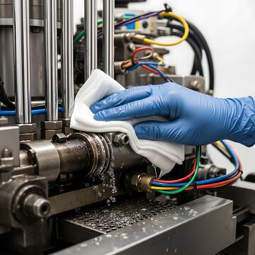 Technician In Blue Gloves Cleaning Industrial Machine Parts