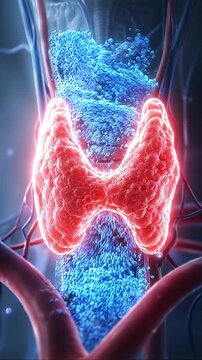 Thyroid hormone imbalance endocrine gland neck anatomy medical healthcare diagnosis, thyroid gland anatomy with hormone imbalance concept, neck endocrine system medical illustration showing vascular
