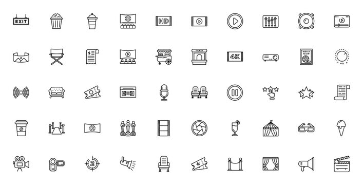 Cinema icon set. Film vector pack. Minimal line icons. Includes symbols for movie, popcorn, ticket, audience, projector, clapperboard, sofa, award and more.