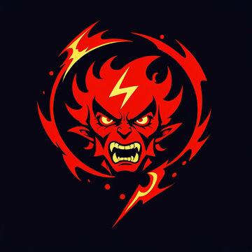 Fiery demon face with fierce expression surrounded by a circular pattern of flames and lightning bolts on a dark background.