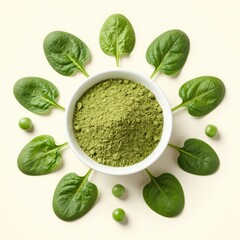 Obraz premium Bowl of Spinach Powder Surrounded by Fresh Leaves and Peas
