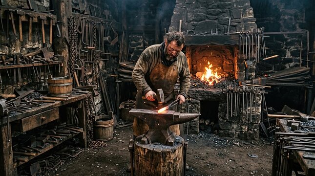 Authentic blacksmith in rustic workshop intensely focused on hammering glowing hot metal on anvil with sparks flying surrounded by vintage tools and a roaring furnace creating a dramatic historical