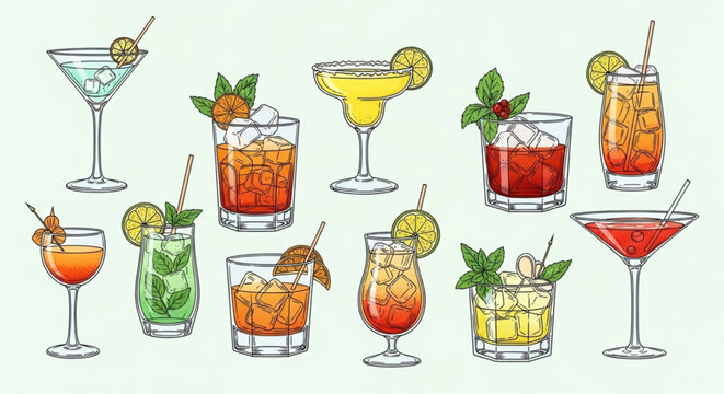 Collection of colorful cocktail illustrations refreshing alcoholic drinks with garnishes for bar menus and party invitations isolated on light bac