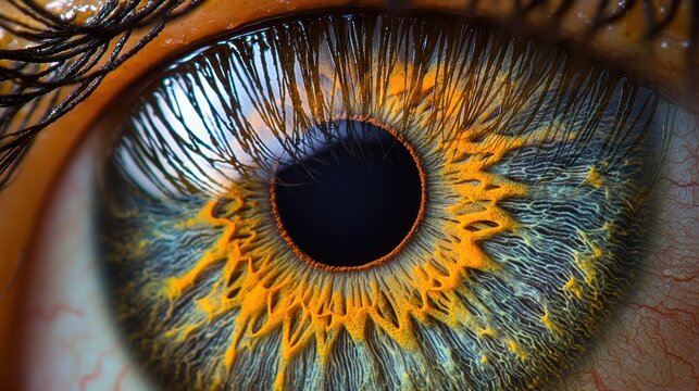 Iris color brilliance macro photography vibrant golden amber eye texture patterns detailed pupil reflection eyelash composition natural lighting