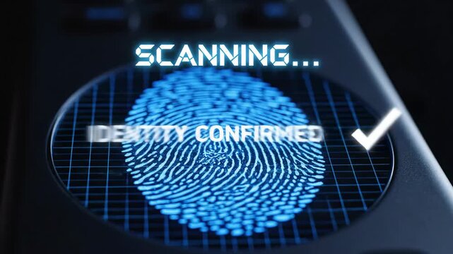 A futuristic fingerprint scan with blue grid lines and a circular border on a dark background