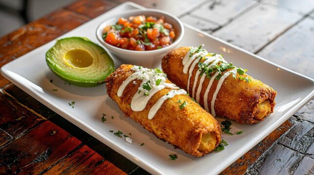 Chili rellenos golden fried stuffed poblano peppers with white crema drizzle and fresh cilantro served with pico de gallo salsa and sliced avocado on elegant plate