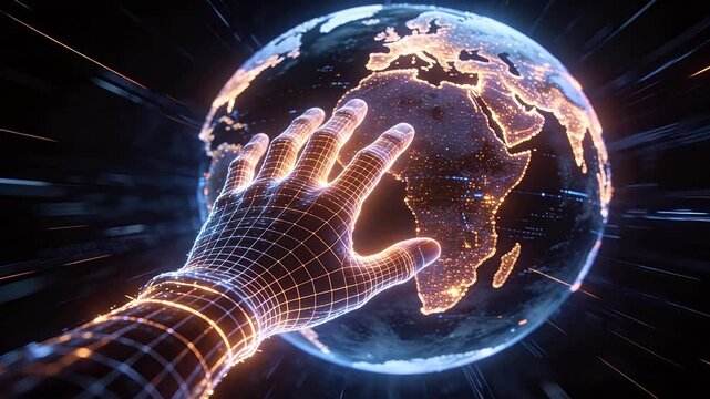 Glowing hand touching digital globe with network lines