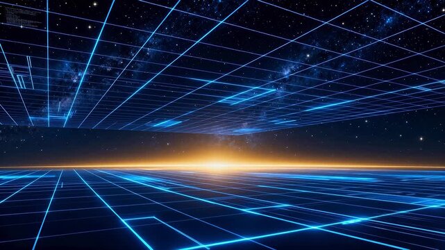 Futuristic grid landscape with starry sky