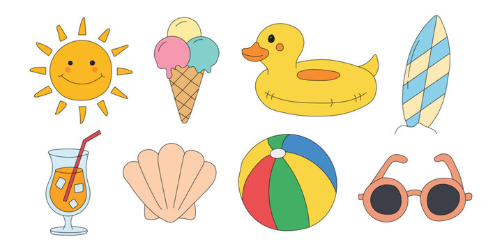 Summer beach vacation icon set with sun, ice cream, and duck floaty. Vector illustration of tropical holiday, surfing board, and seaside leisure symbols for travel branding.