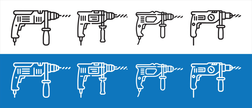 Hammer Drill and Impact Drill Icons. Flat Design Power Tool Illustrations.
