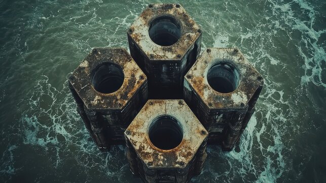 Historic American bascule bridge counterweights aerial view massive concrete blocks weathered textures structural engineering water background industrial heritage