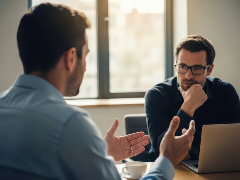 Two men discussing business in an office setting
