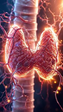 Thyroid hormone imbalance endocrine gland neck anatomy medical healthcare inflammation, thyroid gland near trachea with glowing vascular tissue and blood vessel, medical illustration showing hormone