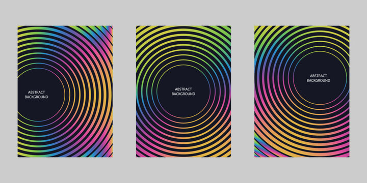 Abstract circular line background set with vibrant rainbow gradients. Modern vector poster designs with concentric circles for creative flyers, covers, and digital art.