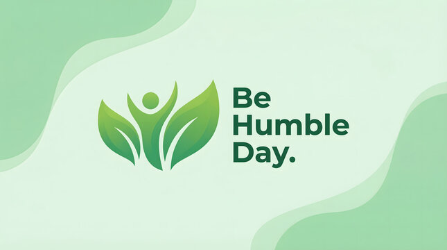 Green graphic illustration with a person and leaves saying be humble day on a light green background with wavy shapes