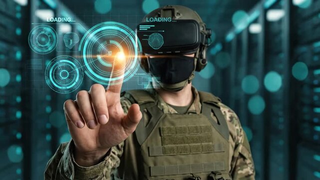 Security technology national defense protection safety privacy intelligence authority trust soldier wearing virtual reality headset data center for secure cyber operation and biometric interface