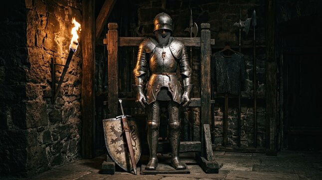 Full suit of antique medieval knight armor standing guard in a dimly lit stone dungeon chamber next to a wooden gate with a flickering torch casting dramatic shadows historical warfare and protection