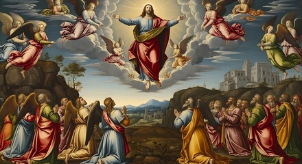 ascension of jesus christ surrounded by angels and apostles in heavenly light, renaissance style religious illustration.