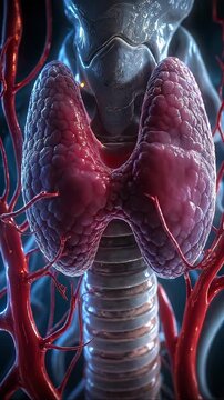 Thyroid hormone imbalance in endocrine gland of neck anatomy medical health concept with inflammation close up illustration showing trachea, blood vessel, glowing endocrine hormone and gland anatomy