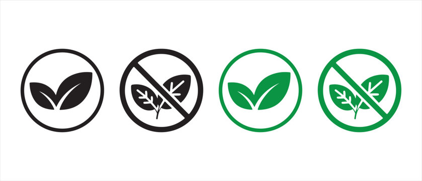 Vegan, Organic, and Natural Product Icons. Positive and Negative Labels in Green and Black Flat Design.