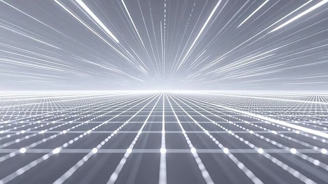 Futuristic digital grid space with extending perspective lines and radial rays